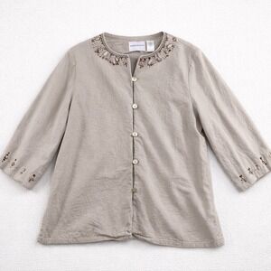 Alfred Dunner Linen Blend Beaded Button Front Jacket Top Women's 16